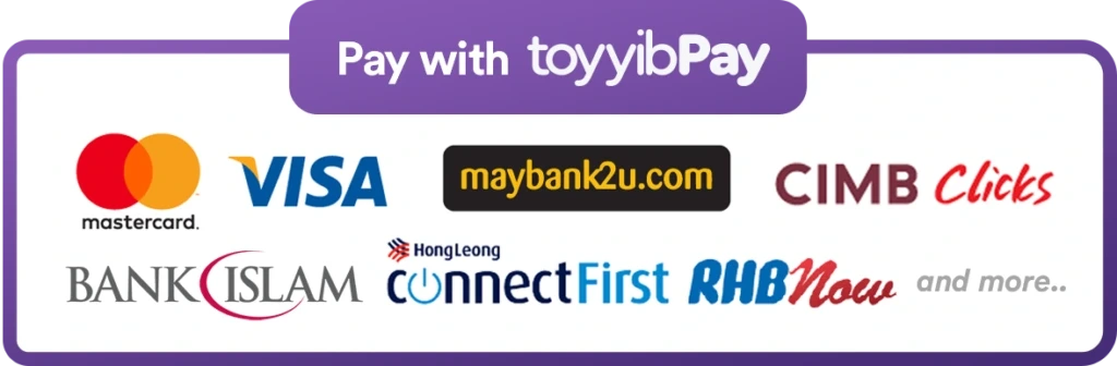 Pay with toyyibPay: Mastercard, Visa, Maybank2u, CIMB Clicks, Bank Islam, Hong Leong Connect, RHB Now and more